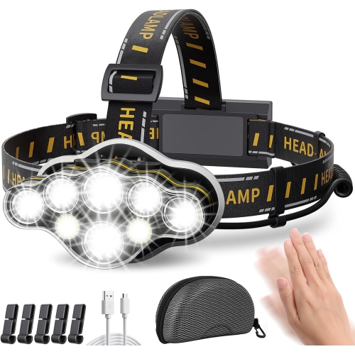 Phare ultra-lumineux 18000 lumens 8 LED Capteur de mouvement Feu avant avec témoin rouge 8 modes Phare rechargeable étanche, phare pour la pêche au