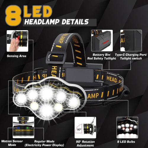 Phare ultra-lumineux 18000 lumens 8 LED Capteur de mouvement Feu avant avec témoin rouge 8 modes Phare rechargeable étanche, phare pour la pêche au