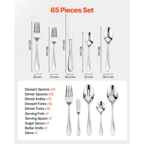 VEVOR 65-Piece Silverware Set, Food-Grade Stainless Steel Flatware Utensils, Mirror Finished Cutlery Set, Dishwasher Safe Eating Tableware for