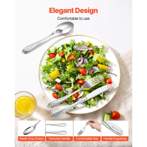 VEVOR 65-Piece Silverware Set, Food-Grade Stainless Steel Flatware Utensils, Mirror Finished Cutlery Set, Dishwasher Safe Eating Tableware for