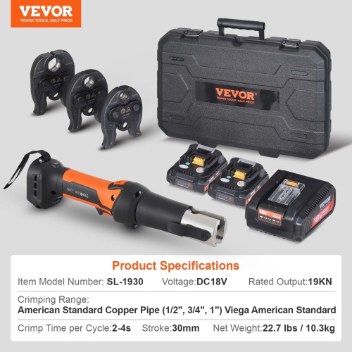 VEVOR 18V Mini ProPress Tool, Electric Pipe Crimping Tool for 1/2", 3/4", 1" Copper Pipes, Press Tool Kit with 3 Pro Press Jaws, 2pcs 18V 2AH