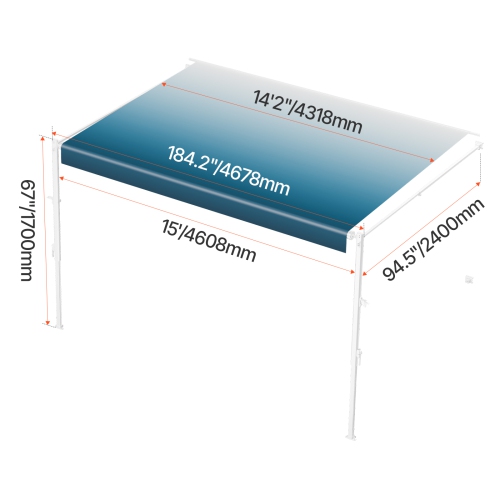VEVOR Manual RV Awning Complete Kit, 15' Retractable Awning with Aluminum Alloy Frame, Outdoor Trailer Awning, Fit for Most RVs(Blue Fade)