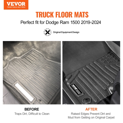 VEVOR Automotive Floor Mats, Fits for Dodge Ram 1500 2019-2024, 3 pcs Front and 2nd Row Liners, All Weather Custom Fit TPE Vehicle Floor Mats, Secure