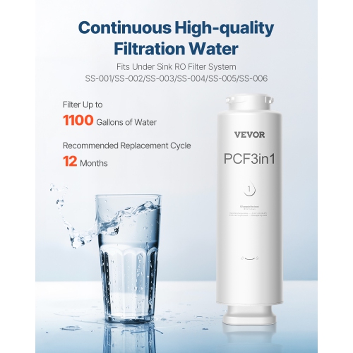 VEVOR 6-layer PCF Composite Water Filter Replacement, PCF Composite Filter, Reduces Chlorine & Odor, Compatible with Under Sink Water Filter System