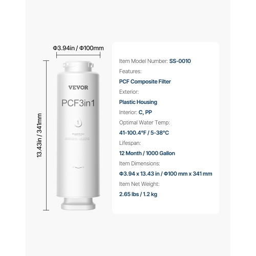 VEVOR 6-layer PCF Composite Water Filter Replacement, PCF Composite Filter, Reduces Chlorine & Odor, Compatible with Under Sink Water Filter System