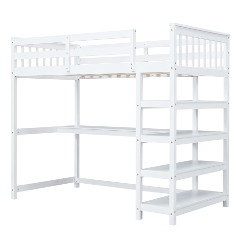 Kepooman Twin Size Loft Bed with Storage Shelves,Under-bed Desk and LED Light, White