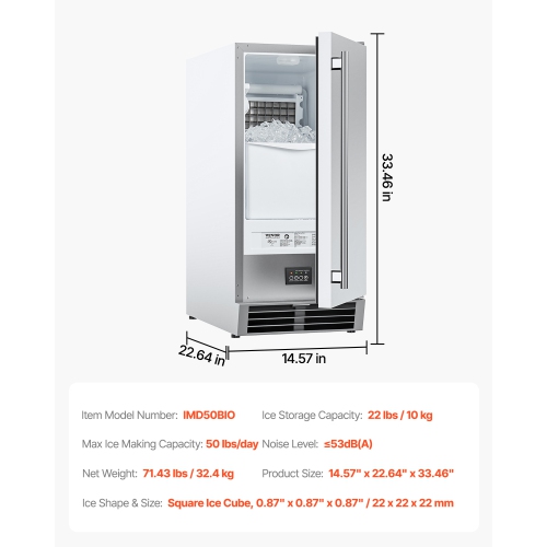 VEVOR 50 Lbs/Day Under Counter Built-in Ice Maker Machine with Reversible Door Stainless Steel, Freestanding Ice-Making Machine for Restaurant,