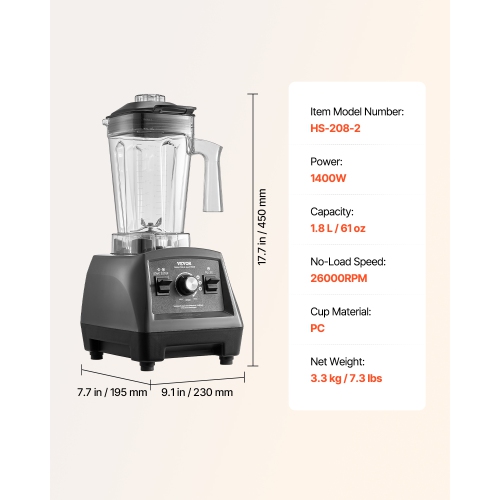 VEVOR 61 oz Blender for Smoothies, 1400W, Professional Blender with Powerful Motor, Multi-Functional Food Processing Blender for