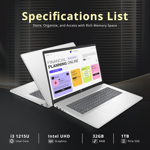 HP 17.3" Full HD IPS Laptop, Intel Core i3 1215U, 1TB SSD, 32GB RAM, Intel UHD Graphics, Wi-Fi 5, 720p HD Camera, Win 11, Natural Silver, 32GB USB Card by HP - Refurbished condition - Image 2