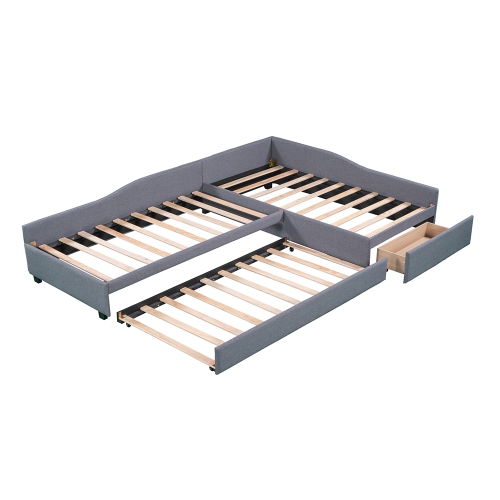 Kepooman Upholstered Double Twin Size Daybed with Trundle and Drawer, Gray