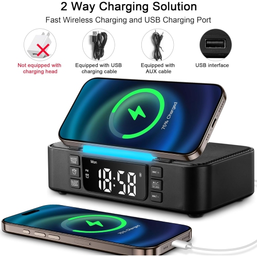 Wireless Charging Station with Bluetooth Speaker Alarm Clock FM Radio Night Light,Phone Holder Wireless Charger,Portable Speaker for Bedroom Home
