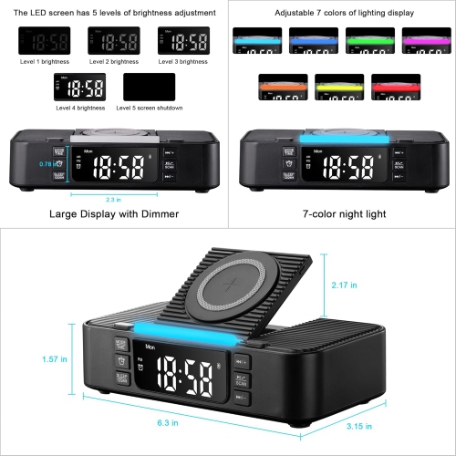 Wireless Charging Station with Bluetooth Speaker Alarm Clock FM Radio Night Light,Phone Holder Wireless Charger,Portable Speaker for Bedroom Home