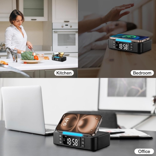 Wireless Charging Station with Bluetooth Speaker Alarm Clock FM Radio Night Light,Phone Holder Wireless Charger,Portable Speaker for Bedroom Home