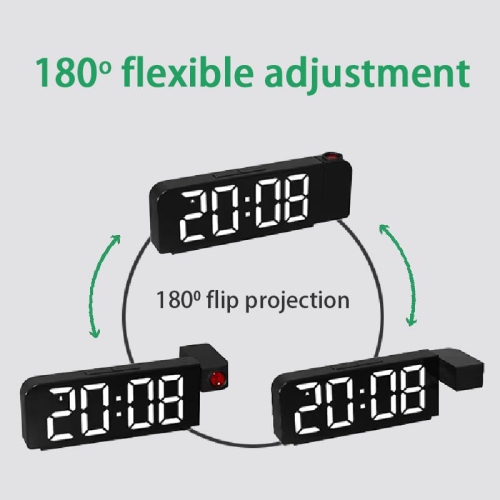 Réveille-matin à projection miroir à grand écran LED, horloge électronique à détection de température d'affichage, rotatif à 180°, réveil