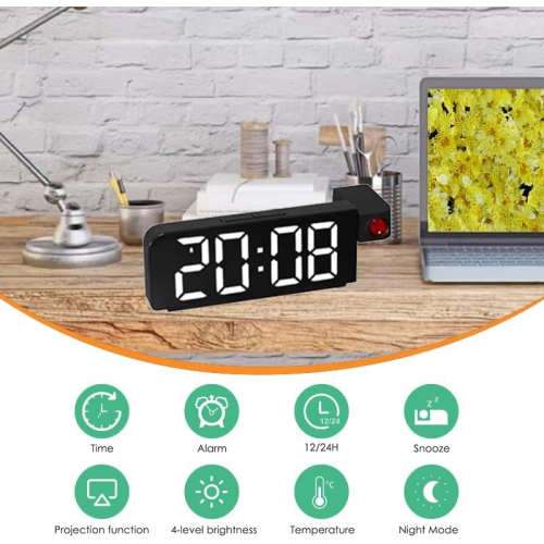 Hot-selling LED large screen mirror projection alarm clock, display temperature sensing electronic clock, 180 ° rotatable, multi-color electronic