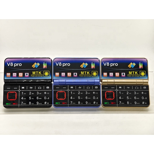 V8pro dual screen folding flip feature phone 2G elderly flip phone large font elderly phone rectangular flip design audio basic phone 1.8 inch large