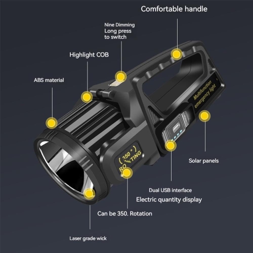 Lampe de poche rechargeable, lampe de poche solaire portative à 9 modes, tête de lampe rotative à 350°, alimentation d'urgence et mobile - Grand