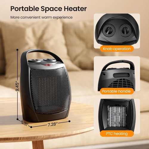 COWSAR Portable Electric Space Heater, 750W/1500W Ceramic Heater Fan with Adjustable Thermostat, Overheat Protection, ETL Certified for Home Office