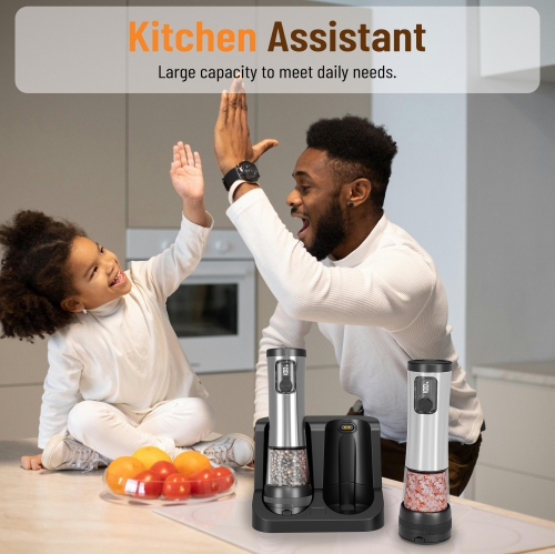 Moulin à sel et à poivre électrique, 2 vitesses ​​Réglages&nbsp;: Moulin à poivre automatique rechargeable en acier inoxydable avec base de