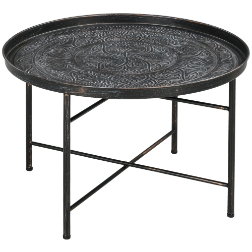 HOMCOM  24" Round Coffee Table With Hammered Floral Tray Top, Vintage Metal Center Table for Living Room, Side Table, Pewter