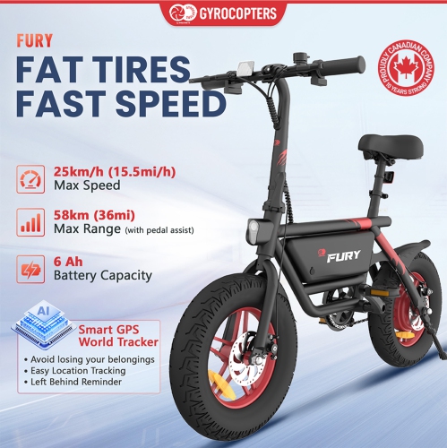 Vélo électrique pliable à gros pneus Fury Fat Tire de Gyrocopters - Noir