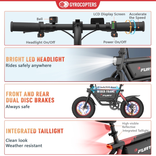 Vélo électrique pliable à gros pneus Fury Fat Tire de Gyrocopters - Noir
