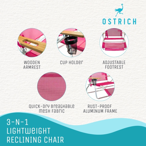 Ostrich Original – Chaise longue de plage d'extérieur légère 3N1 avec repose-pieds, rose