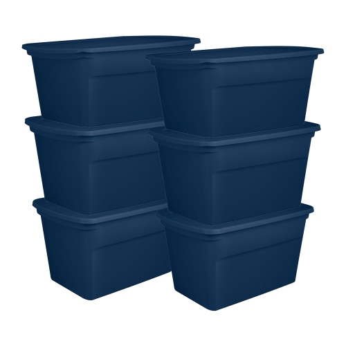 Sterilite Classic Lidded Stackable 30 Gal Storage Tote Container, Blue, 6 Pack