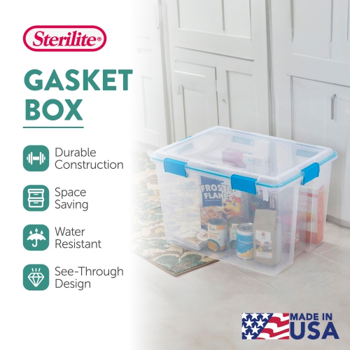 Sterilite 80 Quart Gasket Box, Stackable Storage Bin with Latching Lid, 4 Pack