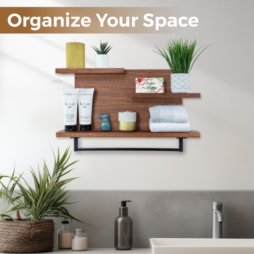 Straga 23" Mahogany 3-Tier Shelf w/18" Towel Bar - Floating Bathroom Organizer for Towels & Decor - Powder Room, Bedroom - Made in Canada 03