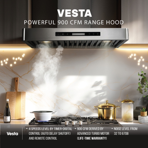 Vesta Paris 36" Wall Mount 900CFM 4-Speed Stainless Steel Silver Range Hood