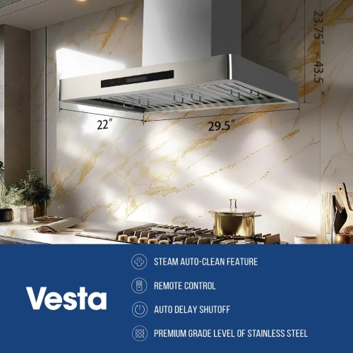 Vesta Paris 36" Wall Mount 900CFM 4-Speed Stainless Steel Silver Range Hood