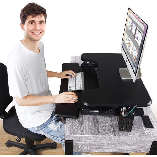 Standing Desk Converter 33", Height Adjustable Sit Stand Desk Riser | 35lbs Capacity | Adjustable Height Range 4.3"–19.3" | Removable Tray, Non-Slip