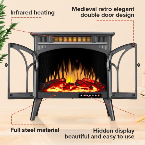 COWSAR Electric Fireplace Stove Freestanding Electric Fireplace Heater with 3D Flame, Remote Control,Fake Fireplace, Infrared, Overheat Safety