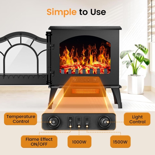 COWSAR Electric Fireplace Heater, 20'' Infrared Fireplace Heater 1000/1500W, 3D Realistic Flames Effect, ETL Certificated & Low Noise, Adjustable