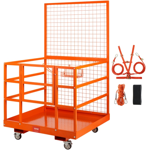 VEVOR  43" X 45" Forklift Safety Cage, 1400Lbs Load Capacity, Forklift Work Platform w Safety Harness & Lock, Drain Hole & Wheels & Tool Basket