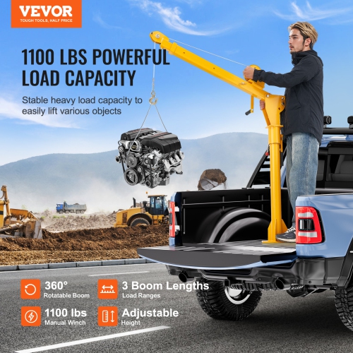 VEVOR 360 Degrees Swivel Pickup Truck Crane, Folding Truck-Mounted Bed Crane with 1100 lbs Manual Winch, Steel Pickup Truck Jib Crane Hoist for