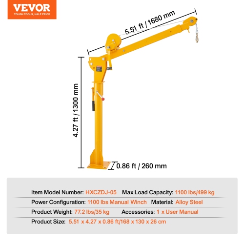 VEVOR 360 Degrees Swivel Pickup Truck Crane, Folding Truck-Mounted Bed Crane with 1100 lbs Manual Winch, Steel Pickup Truck Jib Crane Hoist for