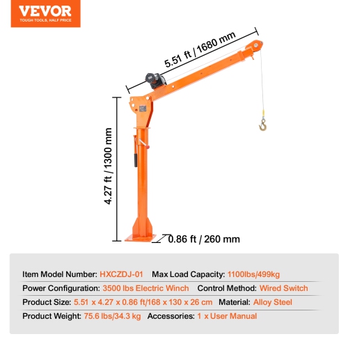 VEVOR 1100 lbs Electric Pickup Truck Crane, Folding Truck-Mounted Bed Crane with Electric Winch 3500 lbs, Steel Pickup Truck Jib Crane Hoist 360°