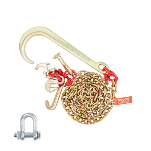 VEVOR 5/16" x 6' G80 J Hook Chain, 15" Long Shank J Hook Tow Chain with RTJ Cluster Hook & Grab Hook, 5400 lbs Safe Working Load, Heavy Transport