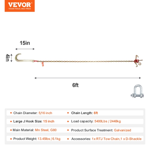 VEVOR 5/16" x 6' G80 J Hook Chain, 15" Long Shank J Hook Tow Chain with RTJ Cluster Hook & Grab Hook, 5400 lbs Safe Working Load, Heavy Transport