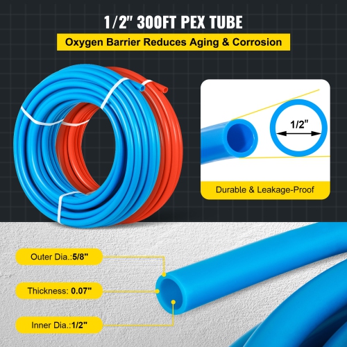 VEVOR 300Ft PEX Tubing with Oxygen-Barrier, Red and Blue, 1/2 Inch, Ideal for Radiant Floor Heating Systems, Plumbing Applications, Hot and Cold