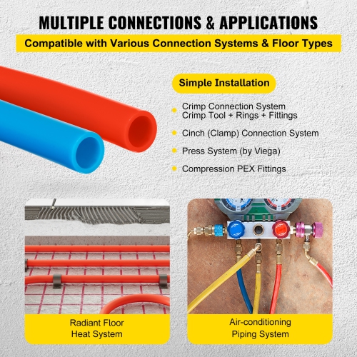 VEVOR 300Ft PEX Tubing with Oxygen-Barrier, Red and Blue, 1/2 Inch, Ideal for Radiant Floor Heating Systems, Plumbing Applications, Hot and Cold