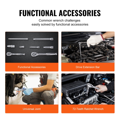 VEVOR 1/4" and 3/8" Drive Socket and Ratchet Set, 6-Point Socket Opening, 106 Pcs Tool Set SAE and Metric, Standard Sockets, 5/32-1 in, 5-19 mm, with