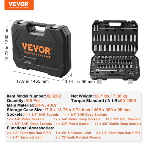 VEVOR 1/4" and 3/8" Drive Socket and Ratchet Set, 6-Point Socket Opening, 106 Pcs Tool Set SAE and Metric, Standard Sockets, 5/32-1 in, 5-19 mm, with