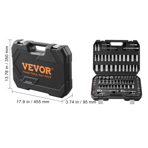 VEVOR 1/4" and 3/8" Drive Socket and Ratchet Set, 6-Point Socket Opening, 106 Pcs Tool Set SAE and Metric, Standard Sockets, 5/32-1 in, 5-19 mm, with