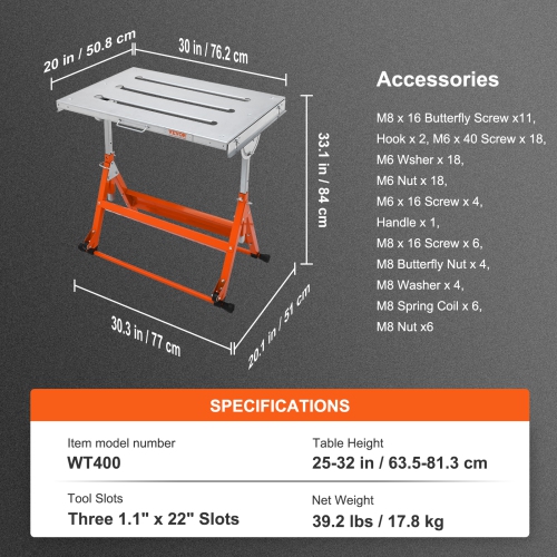 VEVOR 30" x 20" 400lbs Load Capacity Steel Welding Workbench Table on Wheels, Folding Work Bench with Three 1.1" Slot, 3 Tilt Angles, Adjustable