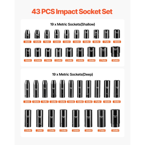 VEVOR 1/2 Inches Impact Socket Set, 43 Piece Impact Sockets, Standard Socket Assortment, 1/2 Inches Drive Socket Set 6-Point Sockets Metric 9-30mm