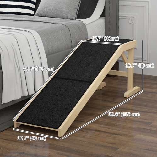 PawHut Pet Ramp Bed Steps for Dogs Cats Non-slip Carpet Top Platform Pine Wood 59"L x 16"W x 20"H Natural Wood