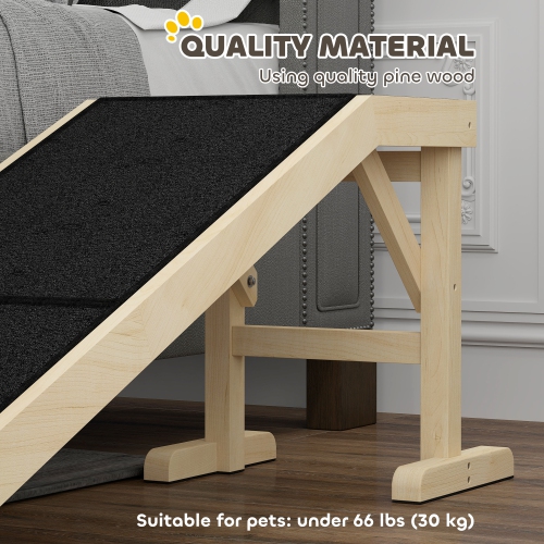 PawHut Pet Ramp Bed Steps for Dogs Cats Non-slip Carpet Top Platform Pine Wood 59"L x 16"W x 20"H Natural Wood